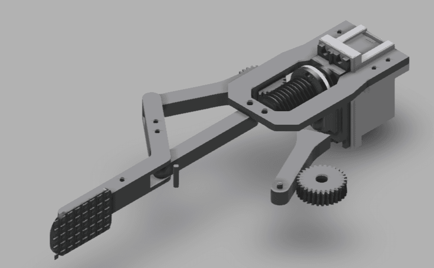 CAD model of the prosthetic — worm-and-worm-wheel drive above the pincer arm with a textured silicone grip pad